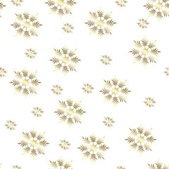 Winter pattern. Gold snowflakes on a white background. Seamless Christmas.