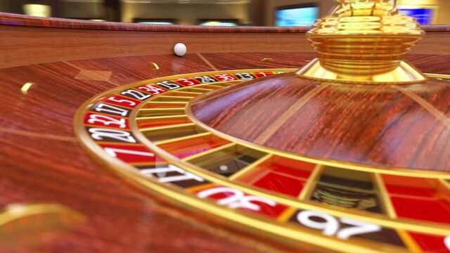 Roulette ball is rolling on the spinning roulette wheel. Gambling game in the casino. Gamblers players have placed bets and are waiting for black red or zero. Game with risk and fortune, 3d animation.