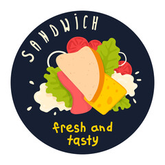 A club sandwich advertising, ad circle poster, banner. Ingredients. A vector cartoon illustration.