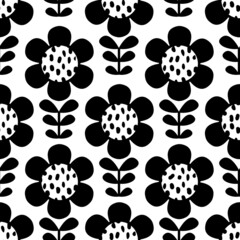 Bold black and white scandi floral seamless vector pattern. Large scale Scandinavian style flowers in a geometric design. Minimalist, modern, fun, folk floral art. Repeating background texture print.
