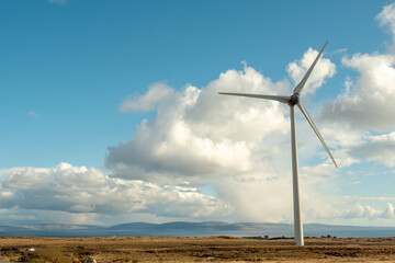 Wind turbine electricity generator in vast empty field. Green energy production. Warm sunny day. Blue cloudy sky. Modern power resource industry