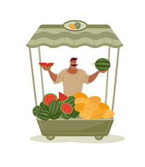 Сharming man with mustache sells watermelons and melons at a kiosk on the street. Vector isolated color illustration in cartoon style.