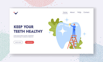 Dental Care Landing Page Template. Tiny Dentist Character in Robe Cleaning and Brushing Huge Tooth. Doctor Mop Plaque