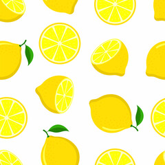 Seamless pattern with fruits and lemon slices on a white background.