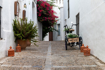 Fototapeta na wymiar One of the typical beautifully decorated streets of Vejer de la Frontera, a tourist town in southern Spain