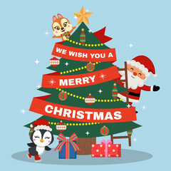 Cute Santa and animal friends decorating a Christmas tree. Flat vector cartoon design