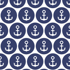 simple vector pixel art multicolor endless pattern of white ship anchor. seamless pattern of white ship anchor in dark blue circles