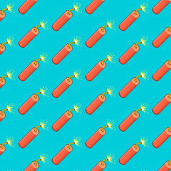 simple vector pixel art multicolor endless pattern of red burning stick of dynamite or firecracker. seamless pattern of red dynamite or firecracker