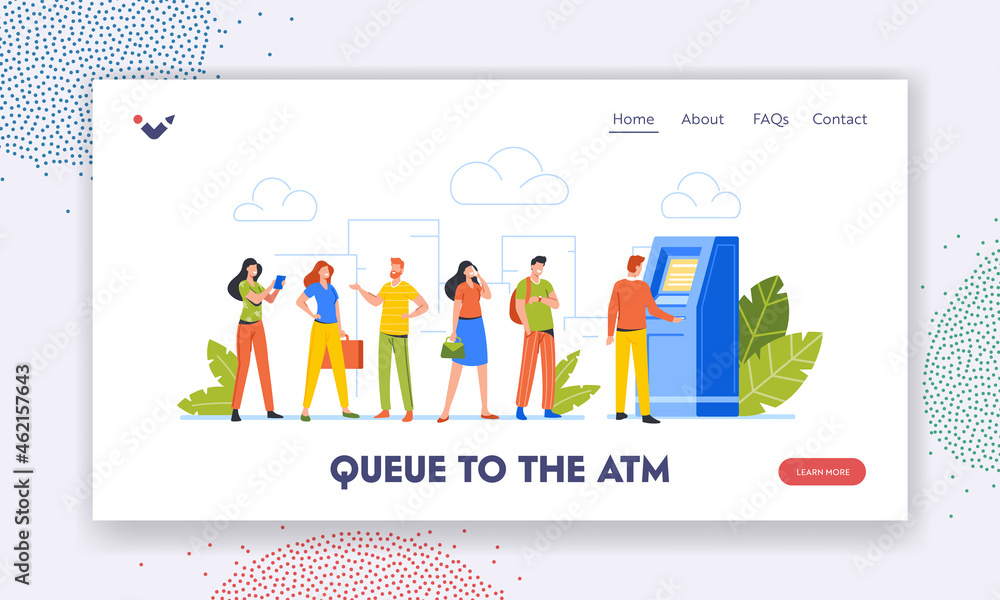 Aufkleber queue to the atm landing page template. clients characters stand in line in bank waiting turn to dra