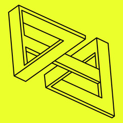 Impossible shapes. Sacred geometry. Optical illusion. Abstract eternal geometric object. Impossible endless outline triangle. Op art. Impossible geometry triangle on a yellow background. Line art.