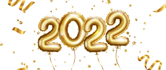 Happy new year 2022 background. Golden foil balloons numeral 2022 with gold and black balloon,...