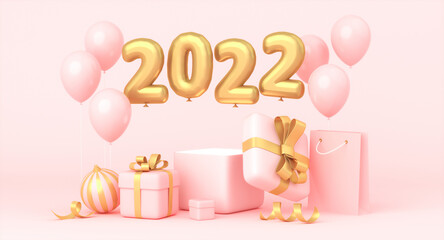 Christmas golden decoration holiday on pink color background. 3d rendering