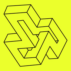 Impossible shapes. Sacred geometry. Optical illusion shape. Abstract eternal geometric object. Impossible endless outline. Impossible geometry object on a yellow background. Optical art.