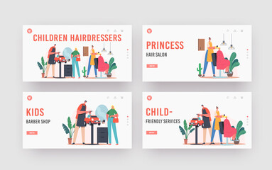 Children Hairdresser Salon Landing Page Template Set. Master Cut Hairs and Making Hairstyle to Little Boy and Teen Girl