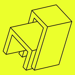 Impossible shapes. Sacred geometry. Optical illusion shape. Abstract eternal geometric object. Impossible endless outline. Impossible geometry figure on a yellow background. Op art. Line art.