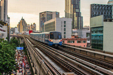 Naklejka premium The Skytrain and Cityscape in Bangkok Thailand Southeast Asia