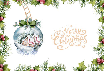Christmas Decoration Banner - Pine Cones On Fir Branch With Christmas Lights and Lettering Merry Christmas. Watercolor illustraton