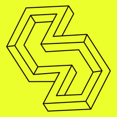 Impossible shapes. Sacred geometry. Optical illusion figure. Abstract eternal geometric object. Impossible endless outline. Op art. Impossible geometry shape on a yellow background. Line art.