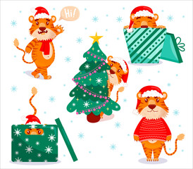 Cute tiger. Colored tigers, symbol of 2022 chinese new year, vector flat cartoon set. Animal 2022, Asian Predator, Jungle Beast. santa hat,  christmas tree, a garland, sleeps, rejoices, happy new year