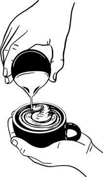 recommend clip art: Making Latte art Barista pouring milk on coffee Hand Draw line art Illustration