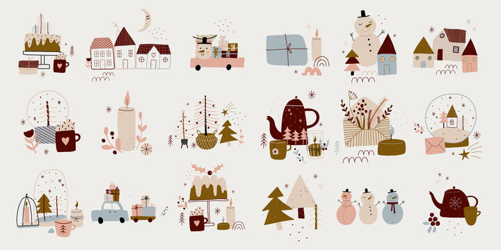 modern boho hygge minimalism. merry christmas and new year. winter stickers for design. vector set of christmas elements.