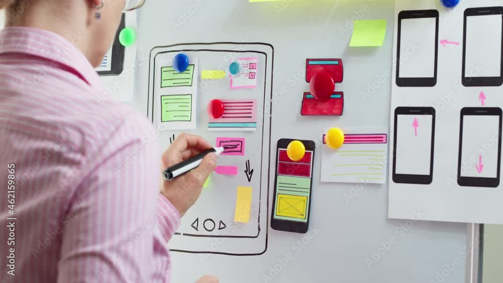 Poster woman designer is working on a project for mobile phone applications. web user experience interface 