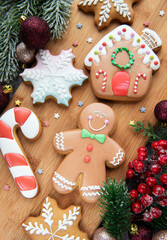 Christmas gingerbread cookies and Christmas decorations.