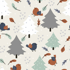 Obraz na płótnie Canvas Seamless pattern with cute cartoon bird and winter season for fabric print, textile, gift wrapping paper. colorful vector for textile, flat style