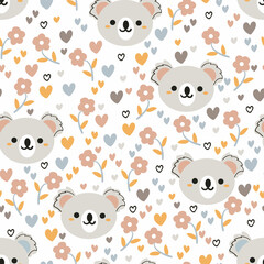 Seamless pattern with cute cartoon koala and flower for fabric print, textile, gift wrapping paper. colorful vector for textile, flat style