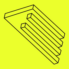 Impossible shape. Optical illusion. Abstract eternal geometric object. Impossible geometry symbol on a yellow background.
