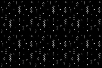 Seamless pattern with christmas trees in scandinavian style on snowy background. Simple minimalistic background for web, pint, wallpaper, wrapping paper, textile, scrapbooking.