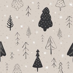 Seamless pattern with trees and snowflakes. Winter and christmas mood, scandinavian minimalism, hand drawn doodle style for web, print, textile, background, wrapping paper, wallpaper. 