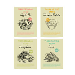 Template design. Vector hand -drawn thanksgiving cards set. Vintage style sketch illustration.