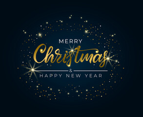 Merry Christmas and Happy New Year 2022. Greeting card with hand drawn lettering and gold glittering round on blue background. For holiday invitations, banner, poster. Vector illustration.