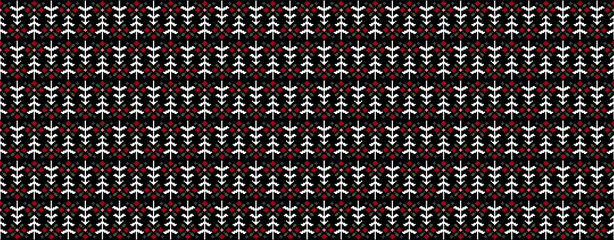 Seamless pattern with firs and flowers in scandinavian folk style. Pixel emboidery effect. Stock illustration for web and print, wallpaper, background, textile, scrapbooking and wrapping paper.