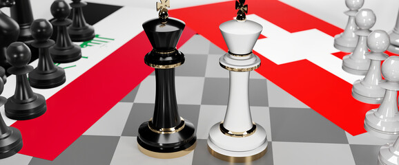 Iraq and Switzerland conflict, clash, crisis and debate between those two countries that aims at a trade deal and dominance symbolized by a chess game with national flags, 3d illustration