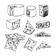 a set of cheese slices, menu decoration, vector illustration with contour lines in black ink isolated on a white background in the style of a doodle and hand drawn