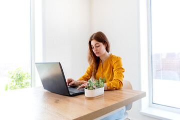 Defocus. Young woman is education online by using computer. Female freelancer browsing laptop.