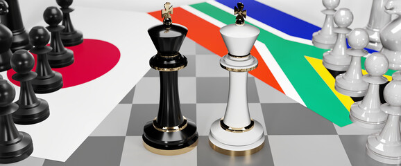 Japan and South Africa conflict, clash, crisis and debate between those two countries that aims at a trade deal and dominance symbolized by a chess game with national flags, 3d illustration