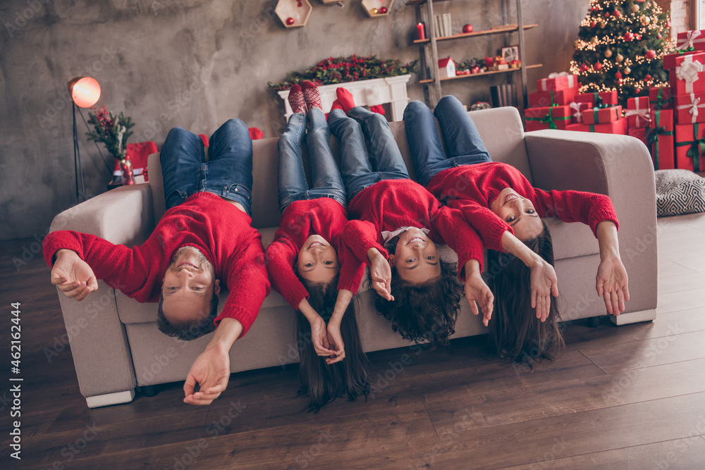 Poster Photo of cool carefree family playful lie on couch wear red pullovers jeans indoors near tree on x-mas eve