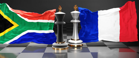 South Africa France summit, fight or a stand off between those two countries that aims at solving political issues, symbolized by a chess game with national flags, 3d illustration