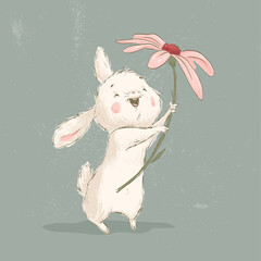 Cute little white bunny character stand with big flower isolated. Vector flat sketch hand drawn illustration. For nursery cards, banners, stickers, baby shower etc.