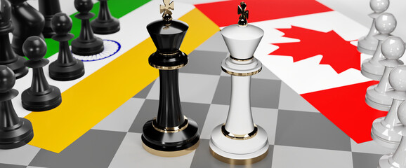 India and Canada conflict, clash, crisis and debate between those two countries that aims at a trade deal and dominance symbolized by a chess game with national flags, 3d illustration