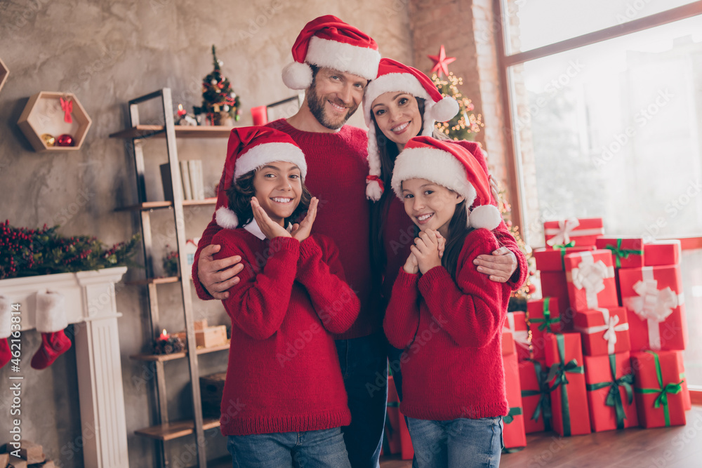 Sticker Photo of excited pretty brother sister husband wife enjoying noel embracing smiling indoors room home house