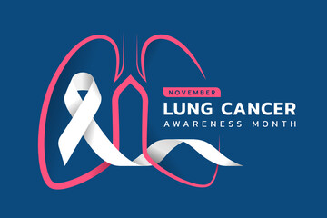 November, Lung cancer awareness month text and pink drawing line lung symbol with white ribbon around on blue background vector design - obrazy, fototapety, plakaty