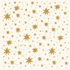 Gold Stars and dots postcard on beige. A star pattern in a Doodle circle. Shimmering shapes of the sky background for fashionable children's textiles. Vector illustration