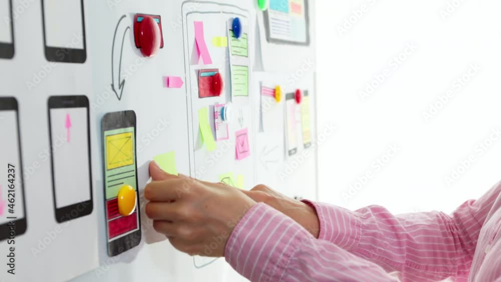 Poster woman designer is working on a project for mobile phone applications. web user experience interface 