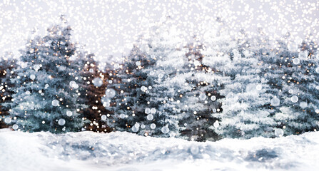 Christmas winter scenery with snow and trees background