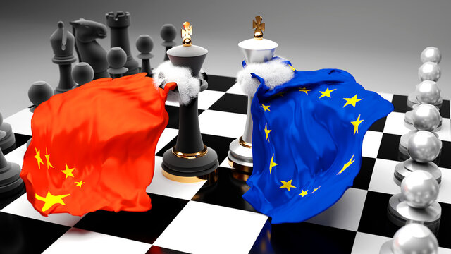 China EU Europe crisis, clash, conflict and debate between those two countries that aims at a trade deal or dominance symbolized by a chess game with national flags, 3d illustration
