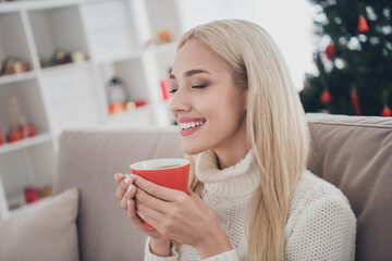 Photo of shiny sweet young lady wear knitted pullover smiling enjoying tasty drink indoors house home room